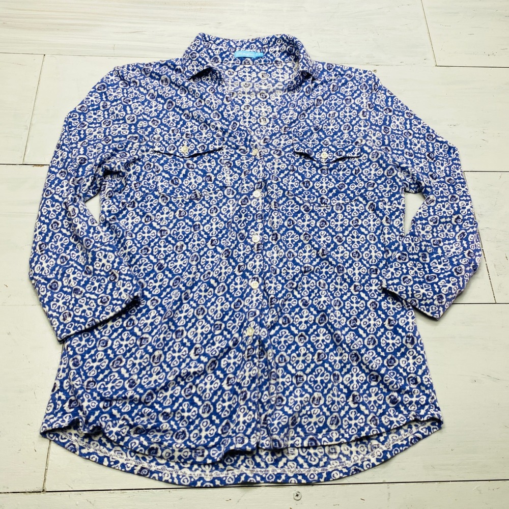J.McLaughlin Linen Blend Button Down Shirt Womens Small Blue White Tile Print